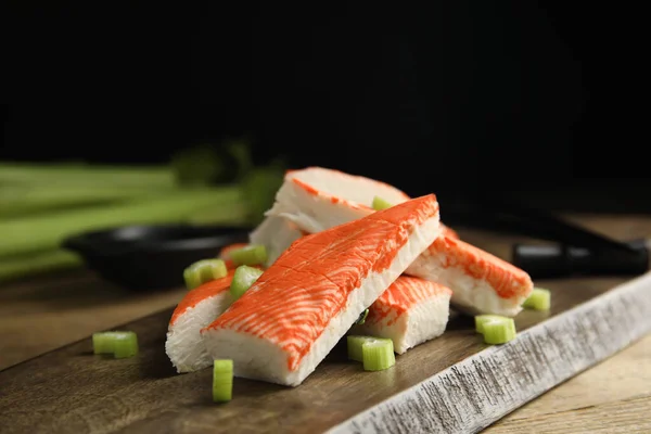 Fresh Crab Sticks Celery Served Wooden Table Closeup — Stock Photo, Image