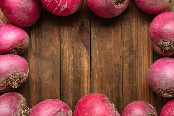 Frame Made Red Turnips Wooden Table Flat Lay Space Text — Stock Photo, Image