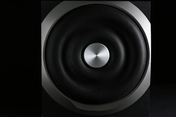 Modern Subwoofer Black Background Closeup Powerful Audio Speaker — Stock Photo, Image