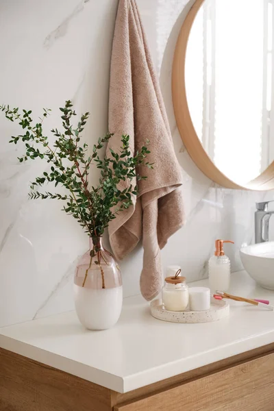 Vase Beautiful Branches Toiletries Countertop Bathroom Interior Design — Stock Photo, Image