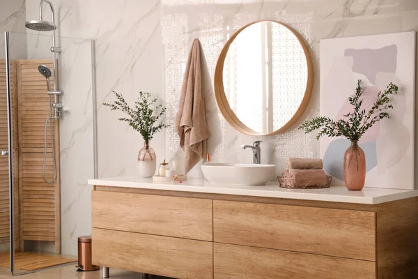 Modern Bathroom Interior Stylish Mirror Vessel Sink — Stock Photo, Image