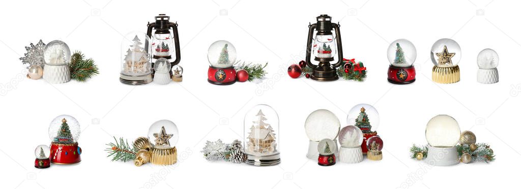 Set of different beautiful snow globes on isolated on white. Banner design