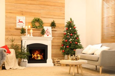 İçi yanan şömineyle dolu güzel bir oturma odası. Noel kutlaması