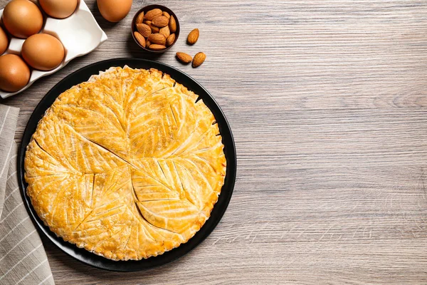 Traditional Galette Des Rois Ingredients Wooden Table Flat Lay Space — Stock Photo, Image