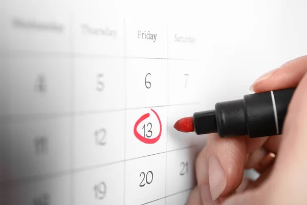 Woman Marking Friday 13Th Calendar Closeup Bad Luck Superstition — Stock Photo, Image