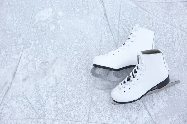 Pair Figure Skates Ice Top View Space Text Winter Outdoors — Stock Photo, Image