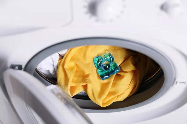 Laundry Detergent Capsule Washing Machine Drum Closeup View — Stock Photo, Image
