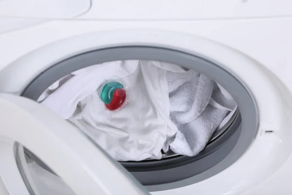 Laundry Detergent Capsule Washing Machine Drum Closeup View — Stock Photo, Image