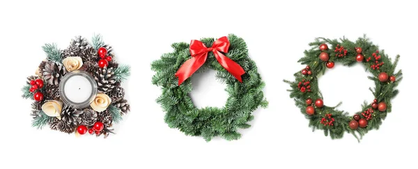 白い背景に美しいクリスマスの花輪とセット バナーデザイン — ストック写真