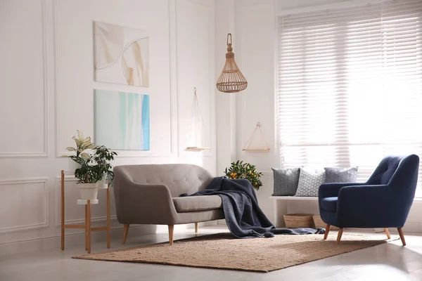 Hermoso Salón Interior Con Cómodo Sofá Gris — Foto de Stock