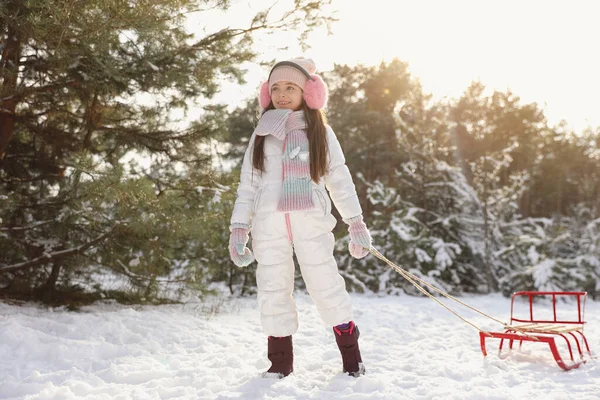 冬日里穿着雪橇的可爱小女孩 — 图库照片