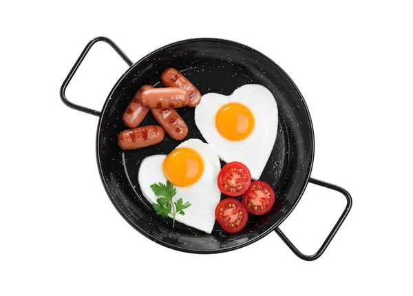 Desayuno Romántico Con Salchichas Fritas Huevos Forma Corazón Aislados Blanco —  Fotos de Stock