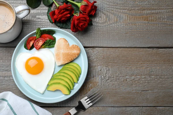 Romantisches Frühstück Und Rosen Auf Holztisch Flache Liege Mit Platz — Stockfoto