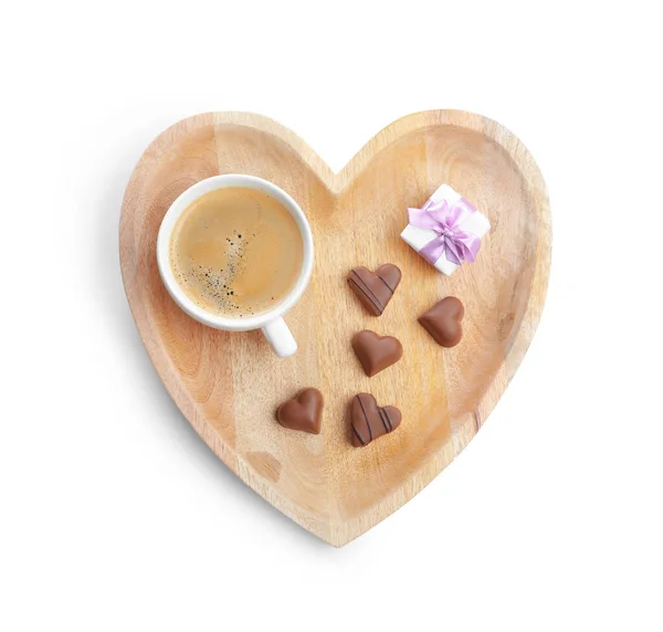 Romantisk Frukost Med Kopp Kaffe Choklad Godis Och Presentförpackning Isolerad — Stockfoto