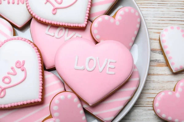 Decorated Heart Shaped Cookies White Wooden Table Flat Lay Valentine — Stock Photo, Image