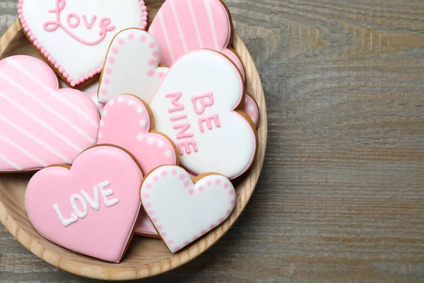 Valentine Day Cookies Bowl Wooden Table Top View Space Text — Stock Photo, Image