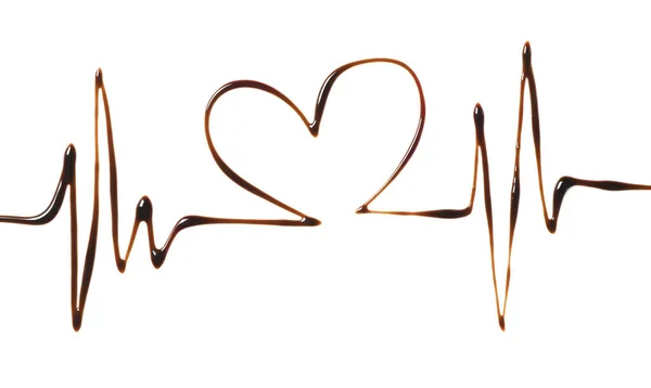 Coração Ritmo Cardíaco Desenhado Com Chocolate Escuro Fundo Branco Vista — Fotografia de Stock