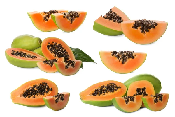 Set Med Färska Mogna Papaya Frukter Vit Bakgrund — Stockfoto