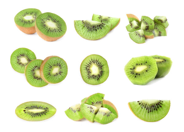 Set with ripe kiwi fruits on white background