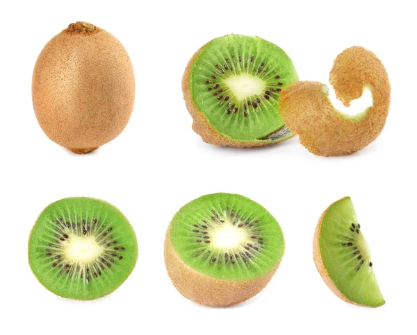 Zestaw Dojrzałych Owoców Kiwi Białym Tle — Zdjęcie stockowe