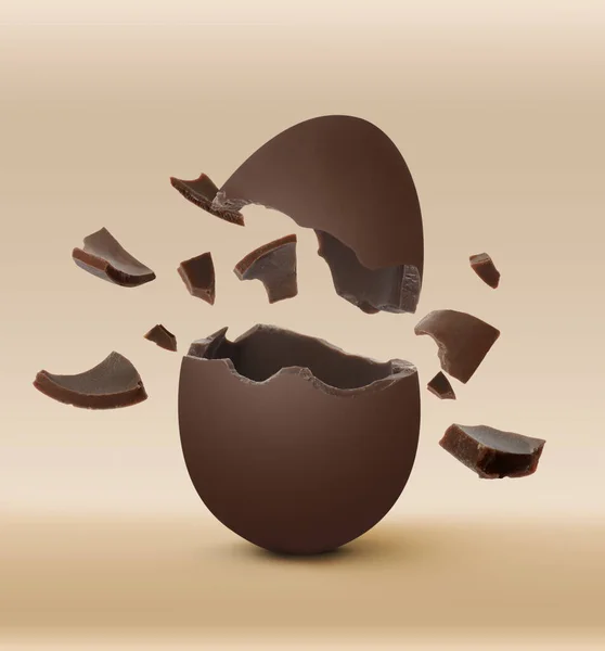 Σπασμένο Αυγό Σοκολάτας Γάλακτος Μπεζ Φόντο — Φωτογραφία Αρχείου