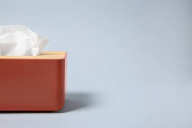 Açık gri arka planda kağıt mendilli tutucu, yakın plan. Metin için boşluk