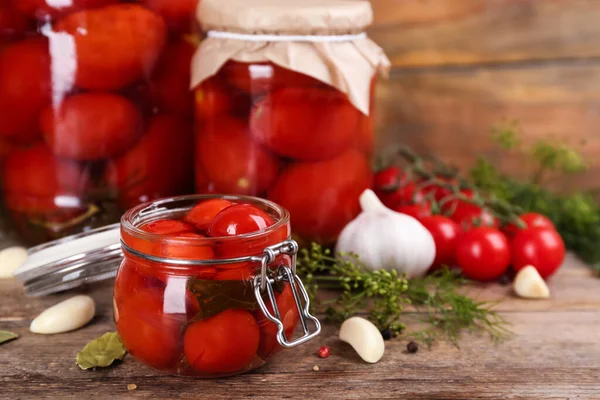 Glass Jar Pickled Cherry Tomatoes Wooden Table Space Text — Stock Photo, Image