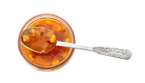 Delicious Sea Buckthorn Jam Jar Spoon Isolated White Top View — Stock Photo, Image