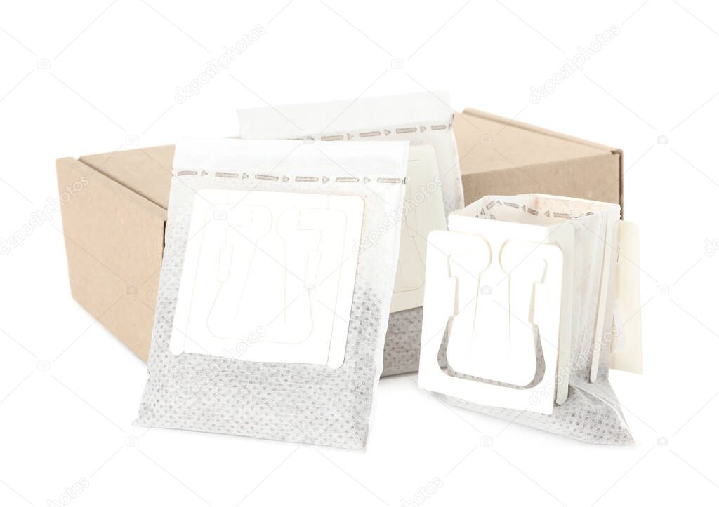 Drip coffee paper bags and box isolated on white