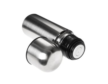 Beyaz kapaklı paslanmaz çelik termos.