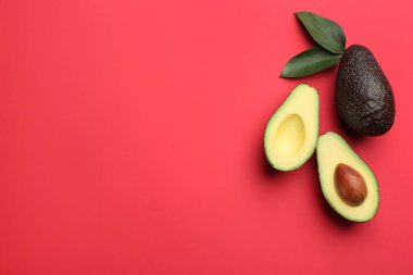 Kırmızı arka planda yeşil yapraklı olgun avokadoların tamamı düz. Metin için boşluk
