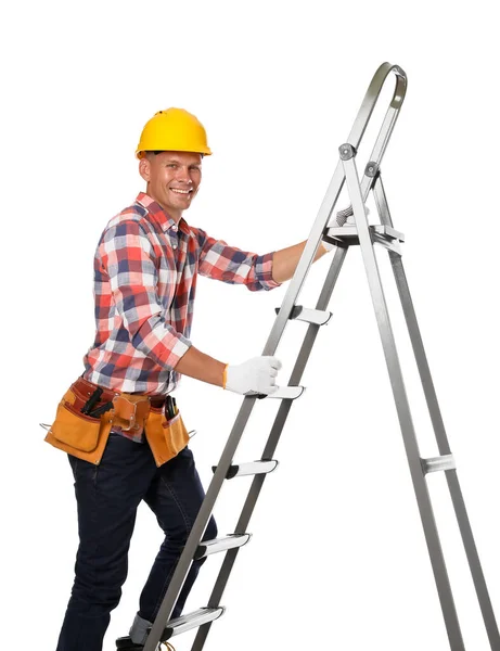 Professional Constructor Climbing Ladder White Background — Stock Photo, Image