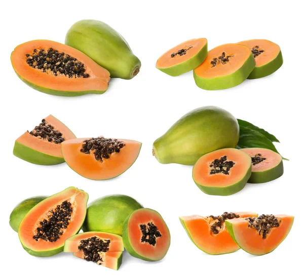 Set Med Färska Mogna Papaya Frukter Vit Bakgrund — Stockfoto