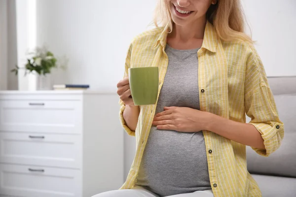 Beautiful Pregnant Woman Drinking Tea Home Closeup — Stock Photo, Image