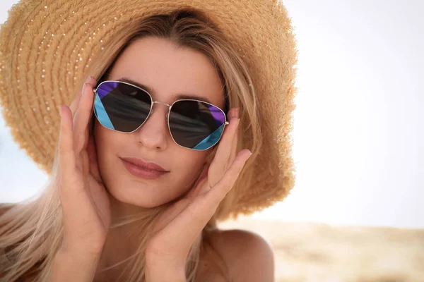 Beautiful Woman Wearing Sunglasses Outdoors Sunny Day Closeup Stock Image