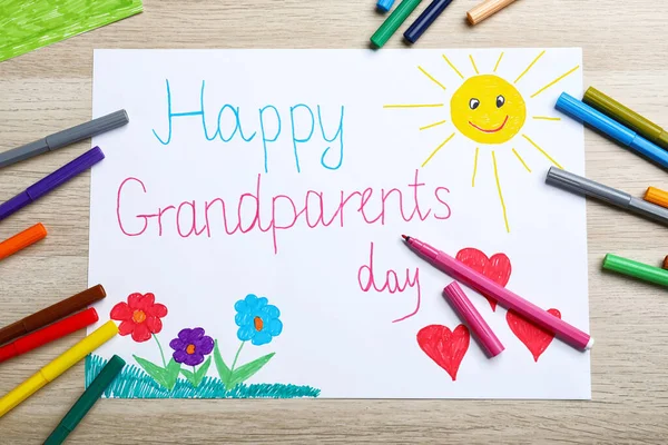 Hermoso Dibujo Mesa Madera Puesta Plana Feliz Día Los Abuelos —  Fotos de Stock