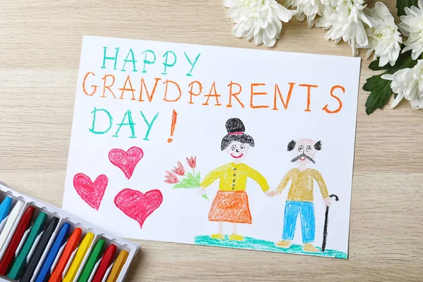 Tahta Masanın Üzerine Güzel Çizimler Düz Yatış Mutlu Büyükanne Büyükbaba — Stok fotoğraf