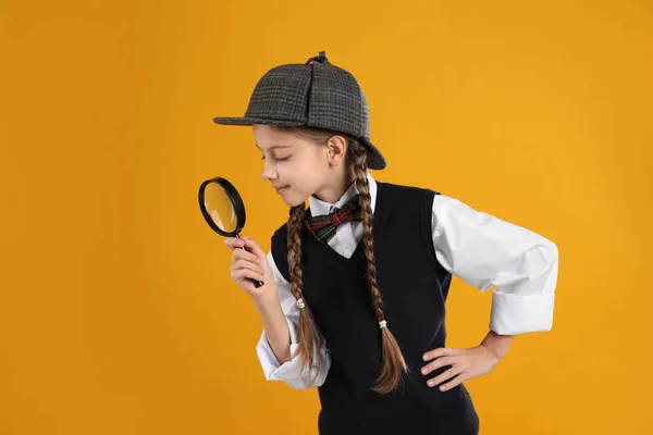 Cute Little Detective Magnifying Glass Yellow Background — Stock Photo, Image