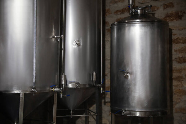 Steel tanks for wine fermentation at factory