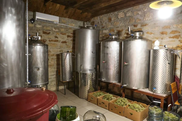 工場でのワイン醸造用タンクとフレッシュブドウ — ストック写真