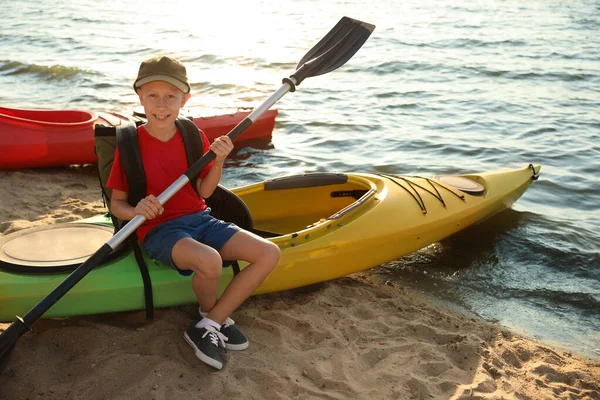 Happy Boy Paddle Sitting Kayak River Summer Camp Activity — Stock Photo, Image