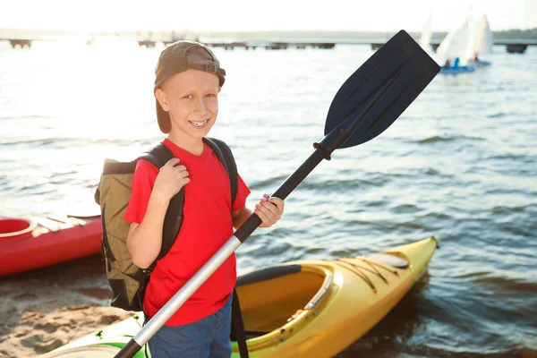 Happy Boy Paddle Kayak River Shore Summer Camp Activity — Stock Photo, Image