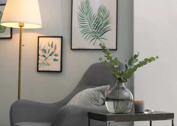 Vase Mit Frischen Eukalyptuszweigen Auf Dem Tisch Wohnzimmer Innenarchitektur — Stockfoto