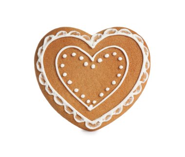 Gingerbread heart decorated with icing isolated on white clipart