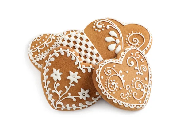 Gingerbread Hearts Decorated Icing White Background — Stock Photo, Image