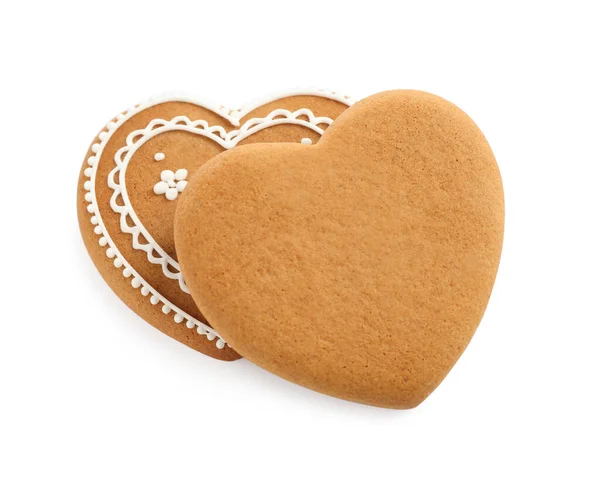 Biscoitos Gengibre Saborosos Forma Coração Isolados Branco Acima Vista — Fotografia de Stock