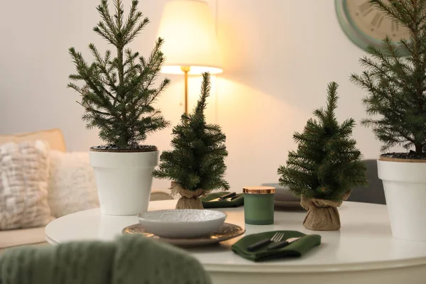 Kleine Tannen Auf Dem Esstisch Drinnen Weihnachtsdekoration — Stockfoto