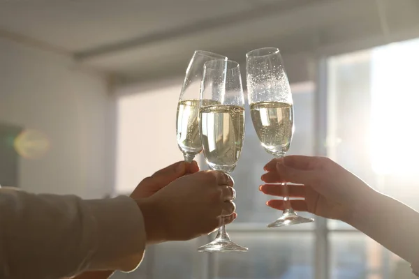 People Clinking Glasses Champagne Office Closeup Holiday Cheer Drink — Stock Photo, Image