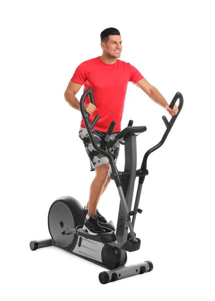 Man Using Modern Elliptical Machine White Background — Stock Photo, Image