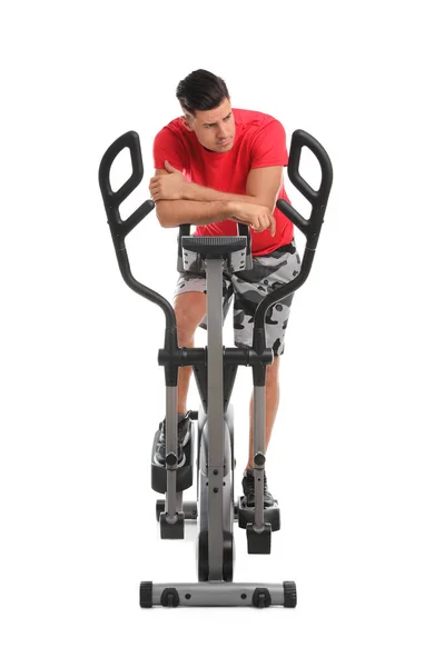 Tired Man Training Modern Elliptical Machine White Background — Stock Photo, Image